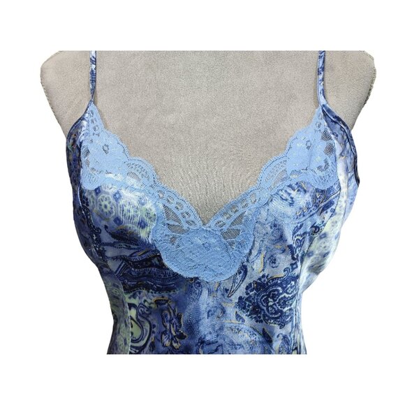 Y2K Slip Dress Blue Paisley Floral Satin Lace Spaghetti Strap Nightgown Medium - Picture 7 of 8